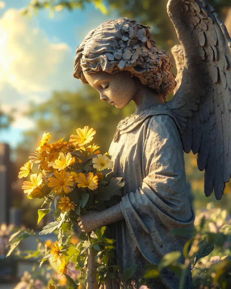 Angel statue with flowers at sunset