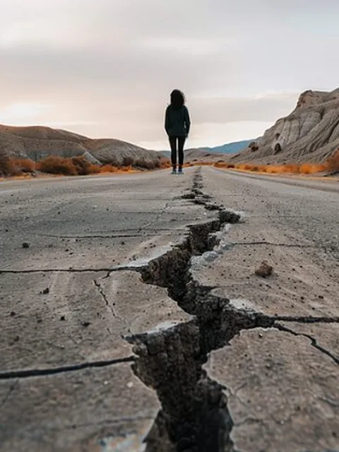 Person facing a cracked road