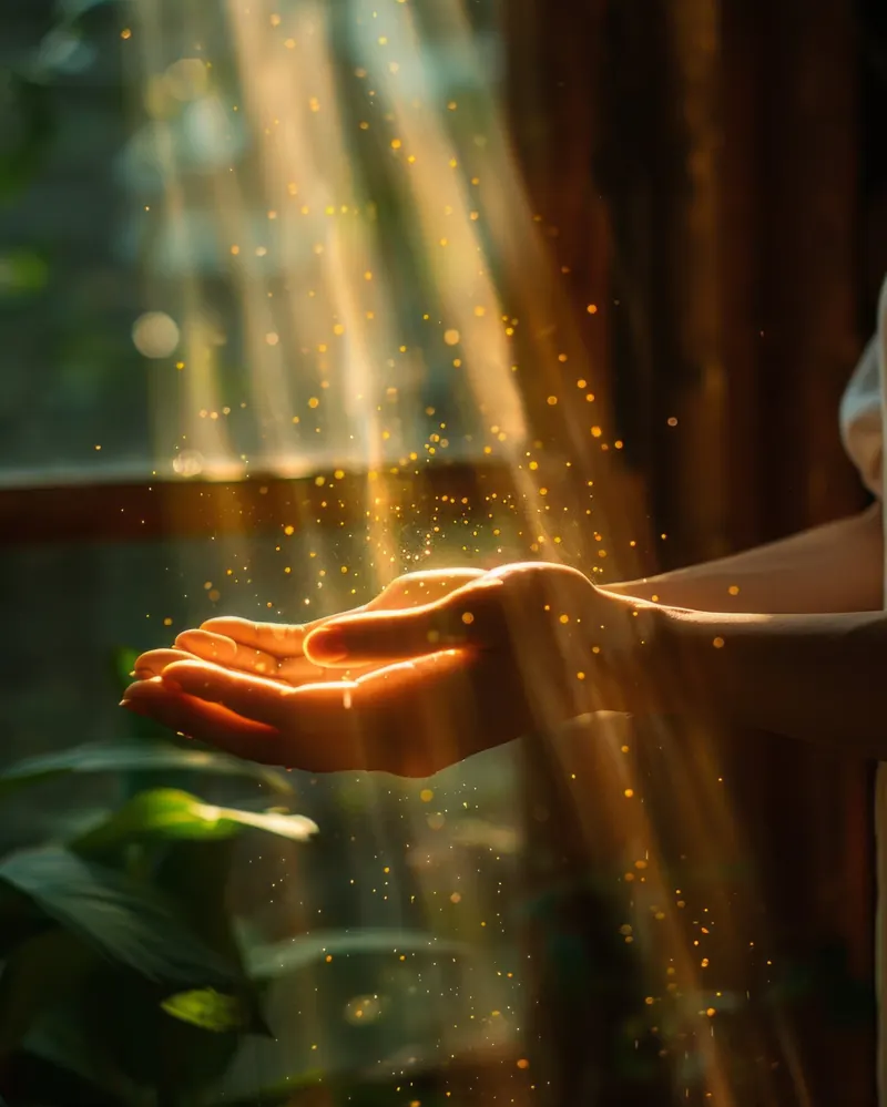 Open hands receiving golden light
