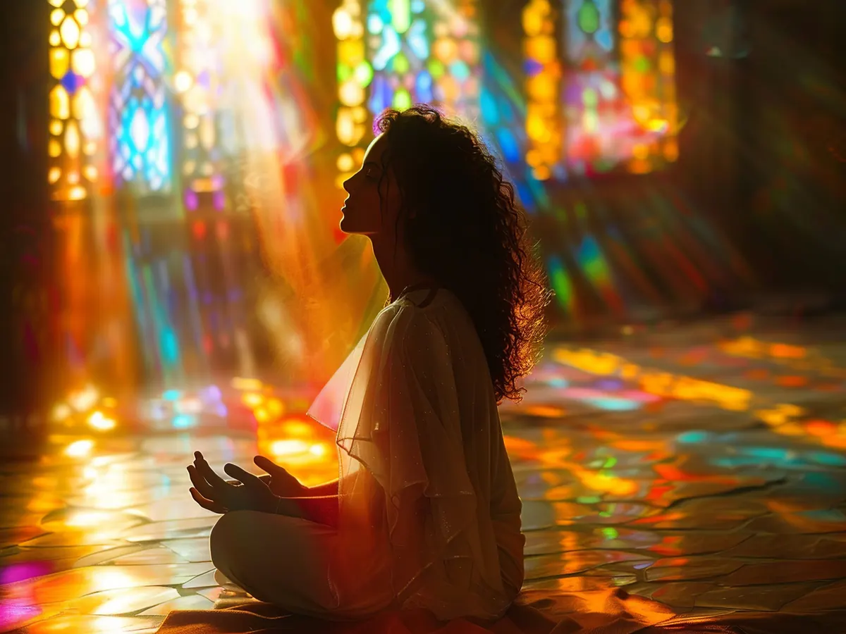 Woman meditating in a temple lit by stained glass