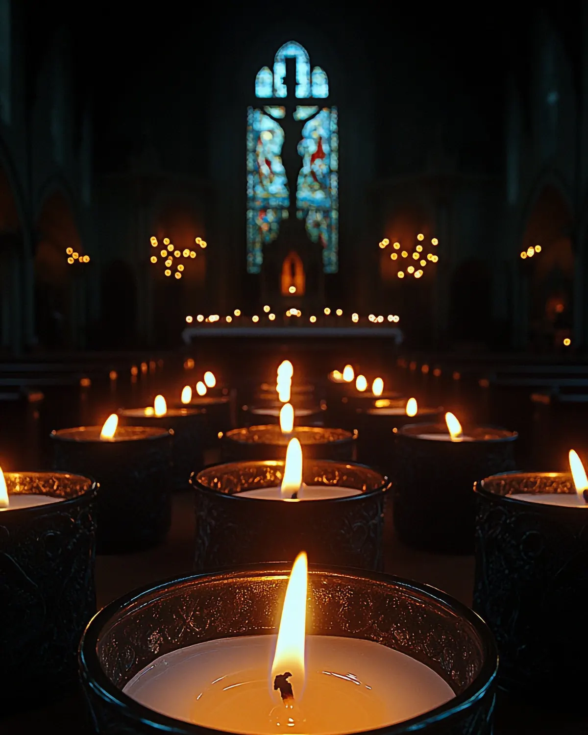 Lit candles before a stained-glass window